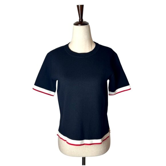 Zara Sweater Women Small Black Knit Crew Neck Striped Trim Top Nautical Preppy - Picture 2 of 9